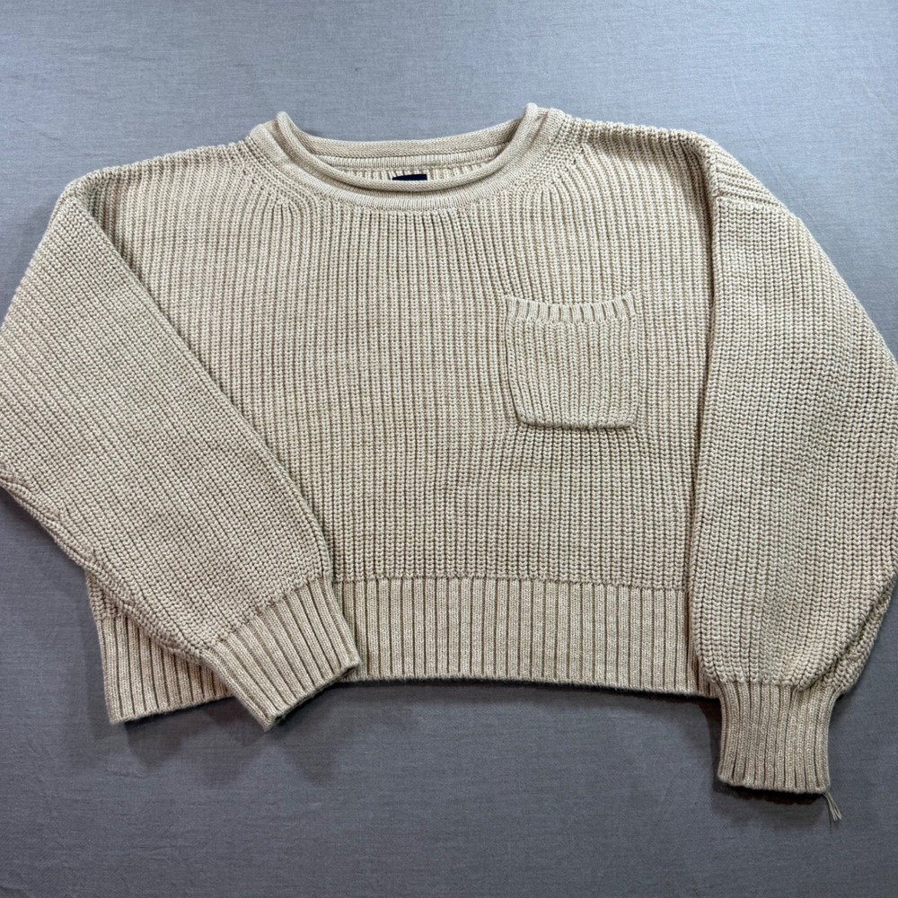 GAP Sweater Womens Small Tan Excellent Shaker Stitch Cotton Pocket Cropped Knit